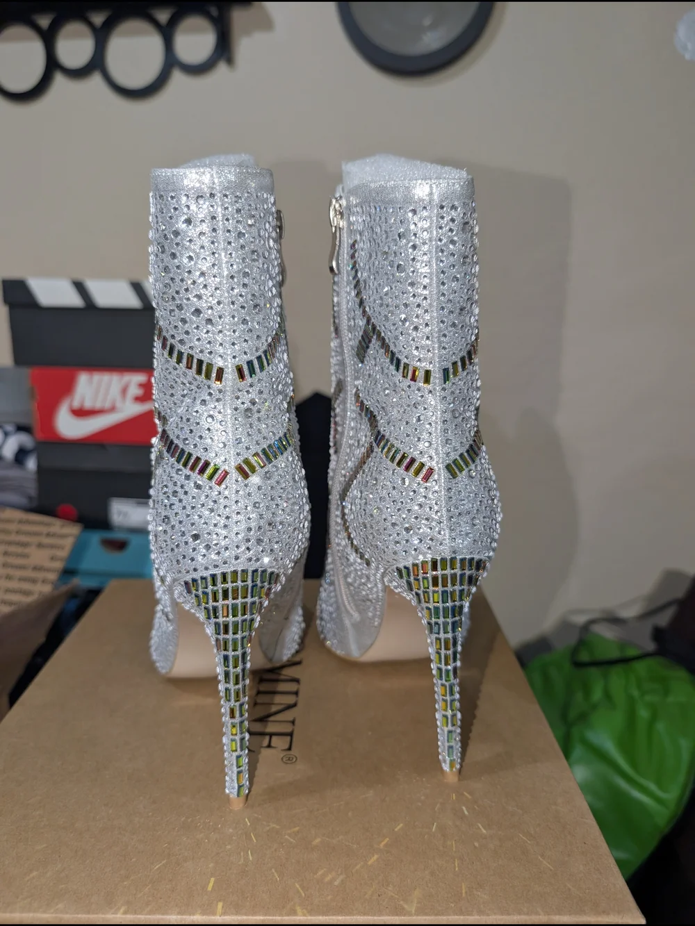 Silver Crystal Embellished Pointed-Toe Ankle Booties